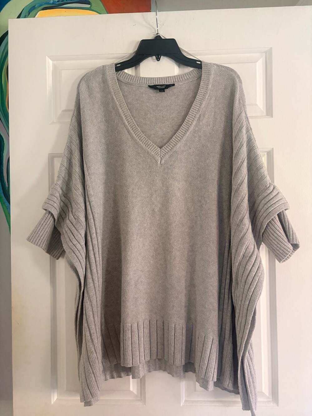 Simply Vera Vera Wang Gray Ribbed Knit V-Neck Poncho Sweater Top